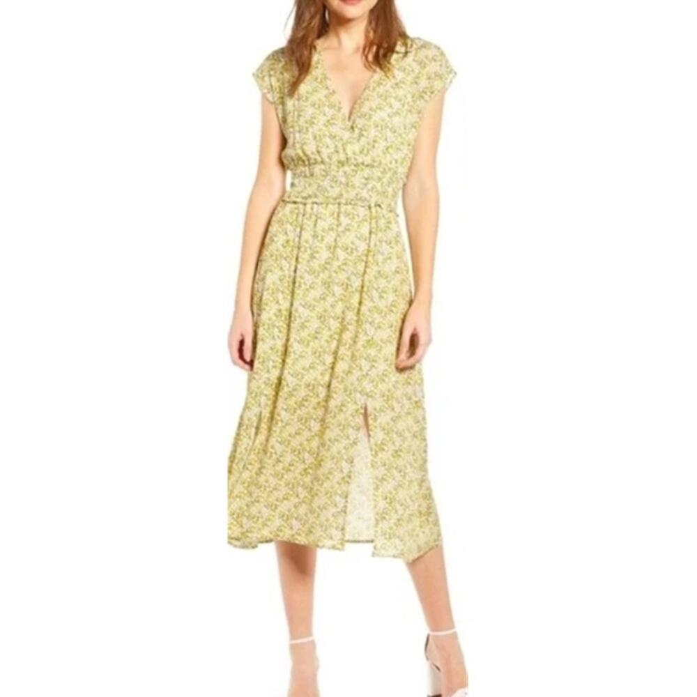 WAYF Ditsy Floral Faux Wrap Midi Dress S Surplice V-Neck Empire Waist Front Slit